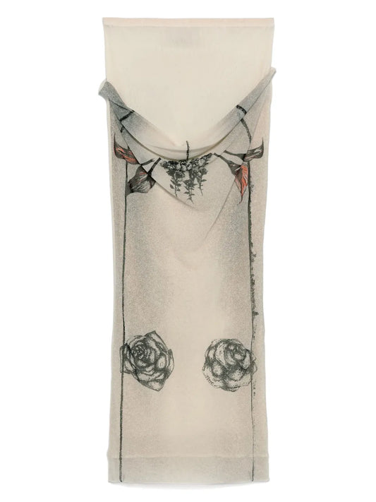 Tattoo-Print Mesh Midi Skirt