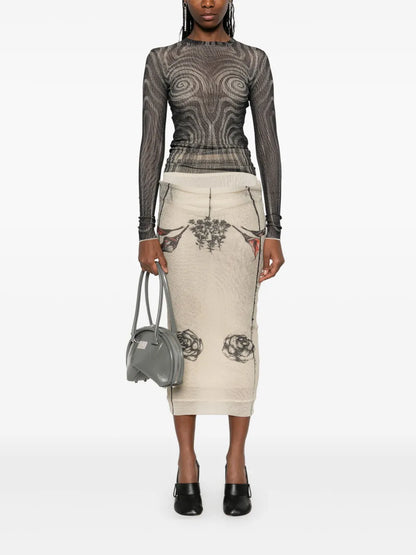 Tattoo-Print Mesh Midi Skirt