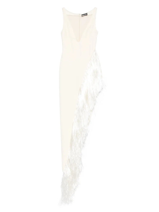 Raffia-Fringe Asymmetric-Hem Gown