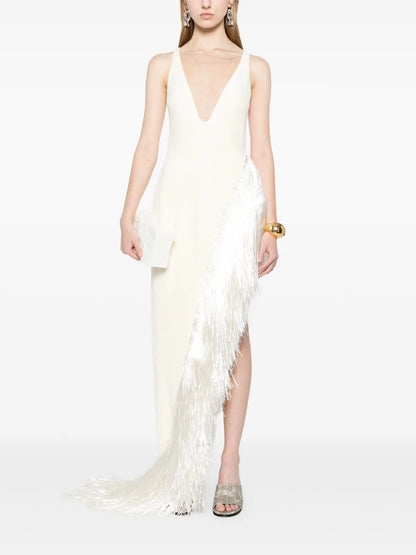 Raffia-Fringe Asymmetric-Hem Gown
