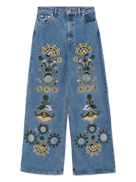 Embroidered Wide-Leg Jeans
