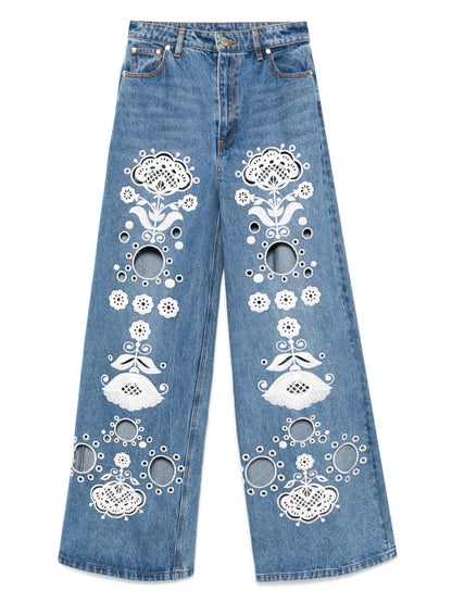 Embroidered Wide-Leg Jeans