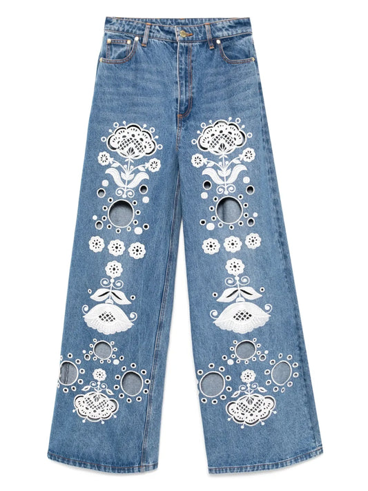 Embroidered Wide-Leg Jeans