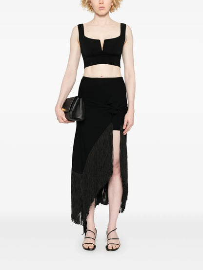 Elastic Fringed Maxi Skirt