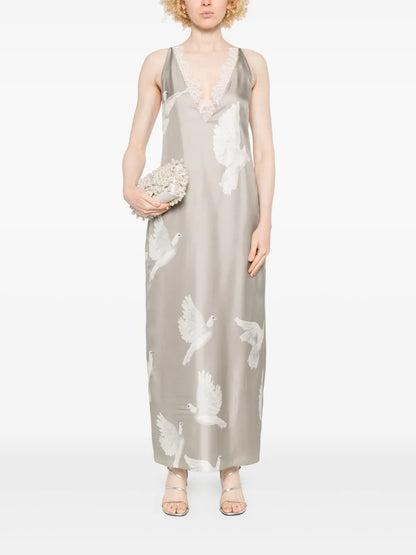 Dove-Print Sleeveless Maxi Dress