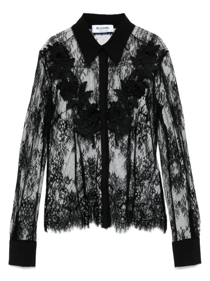 Rose-Embroidered Lace Shirt