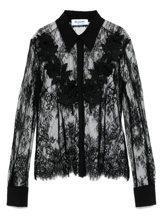 Rose-Embroidered Lace Shirt