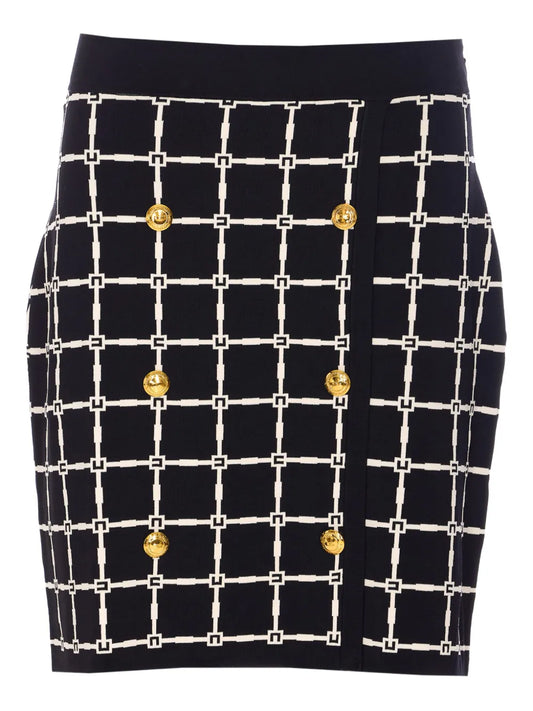 Grid-Patterned Buttoned Mini Skirt