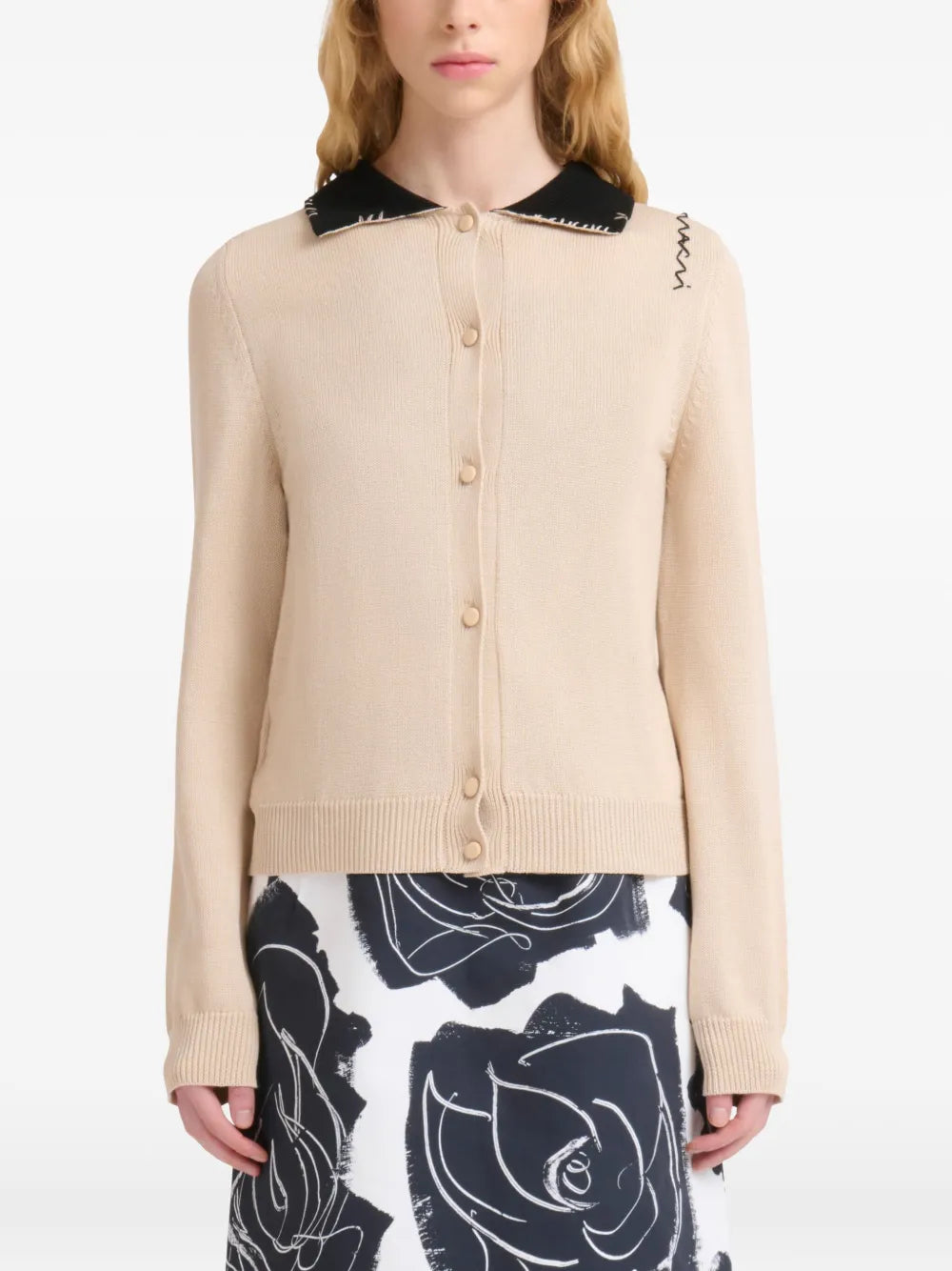 Contrasting-Collar Cardigan