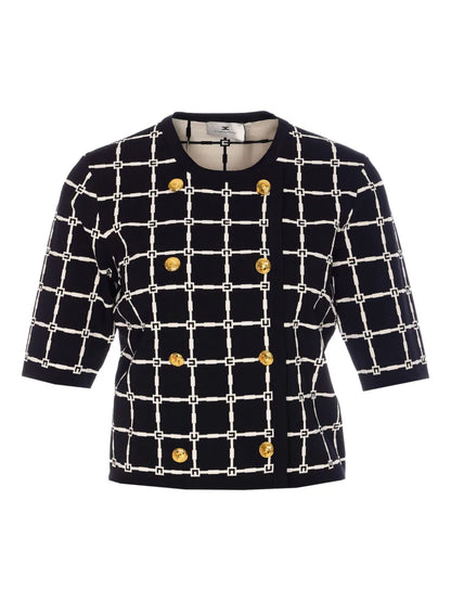 Grid-Patterned Double-Breasted Top