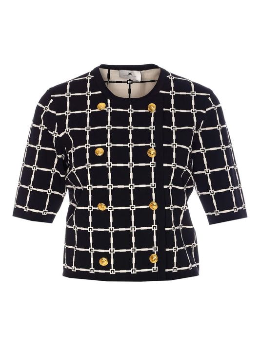 Grid-Patterned Double-Breasted Top