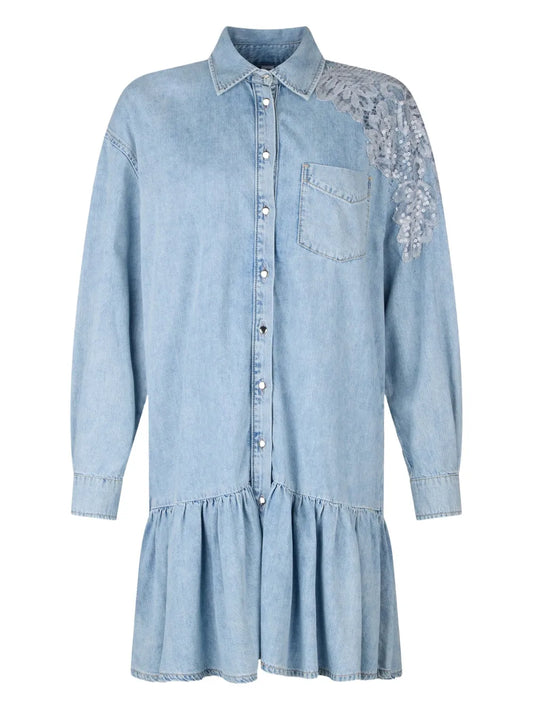 Lace-Detail Denim Dress