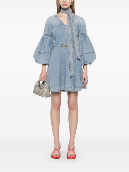 Tie-Neck Denim Mini Dress