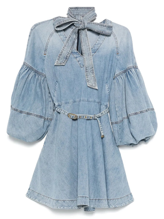Tie-Neck Denim Mini Dress