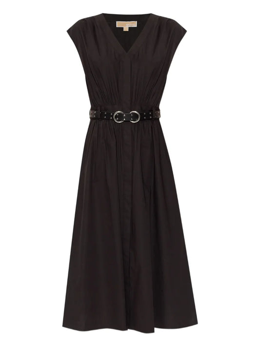 Belted Poplin Midi Dress
