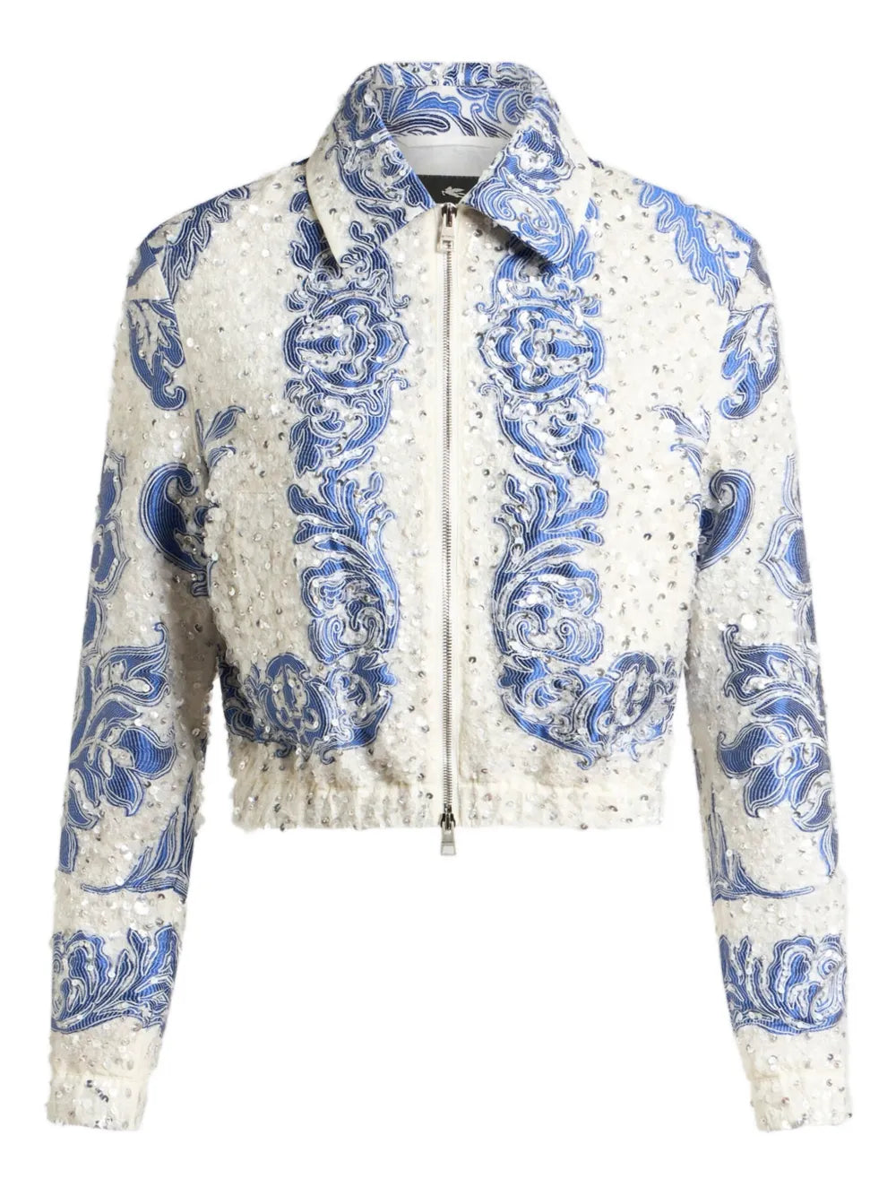 Sequin-Embellished Cropped Bomber Jacket