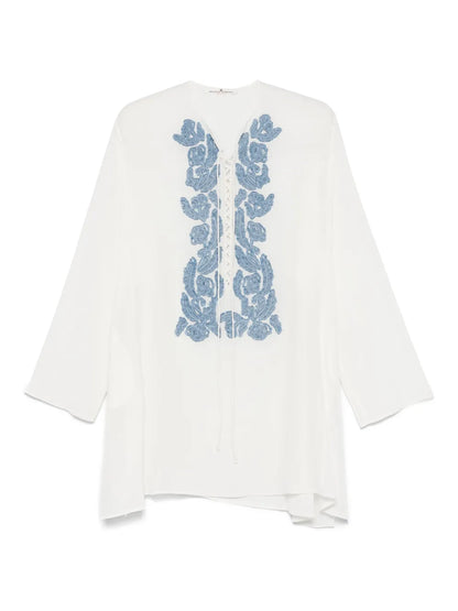 Floral-Appliqué Crepe-De-Chine Tunic