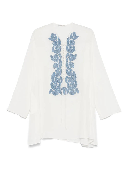Floral-Appliqué Crepe-De-Chine Tunic