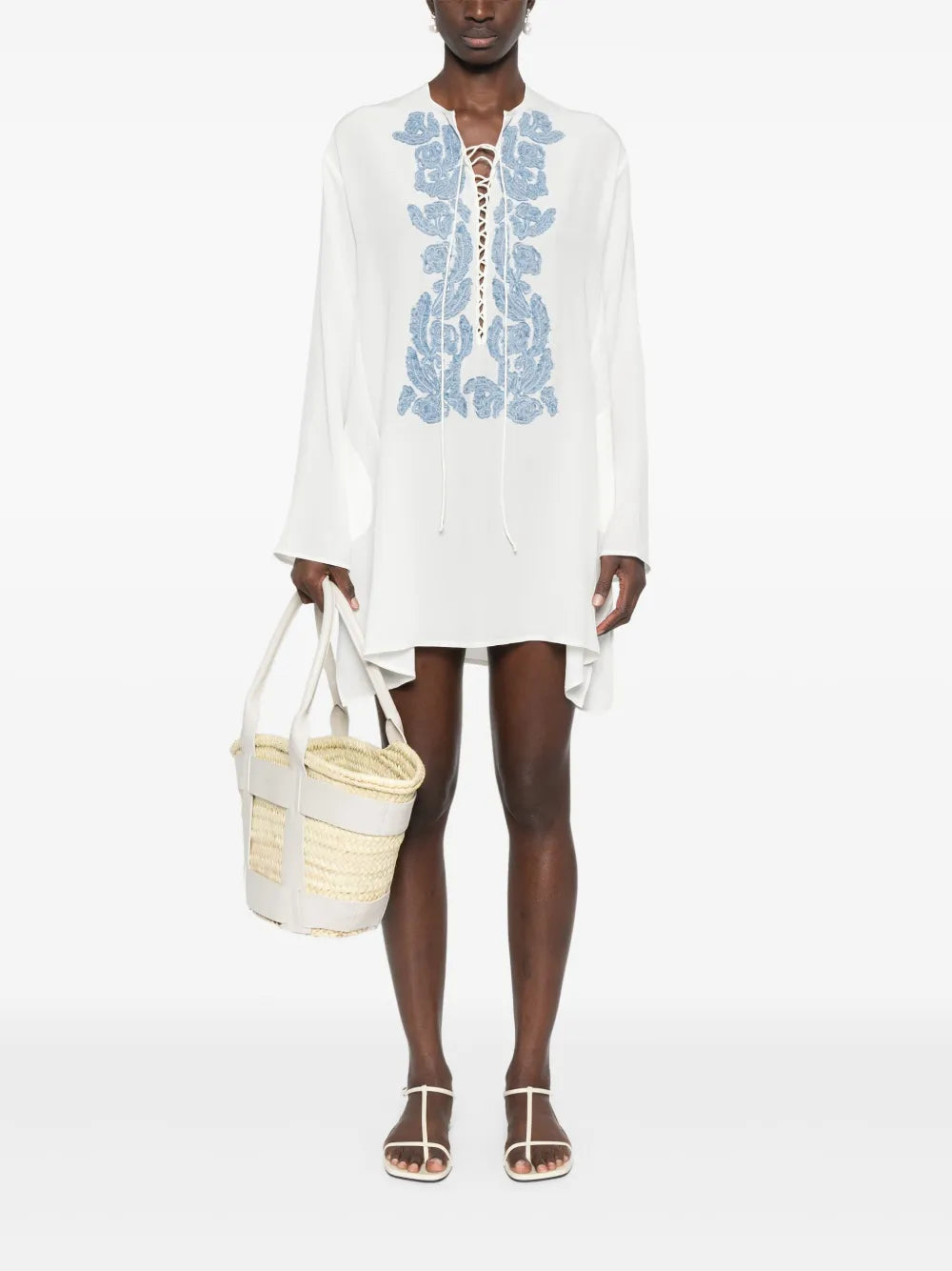 Floral-Appliqué Crepe-De-Chine Tunic
