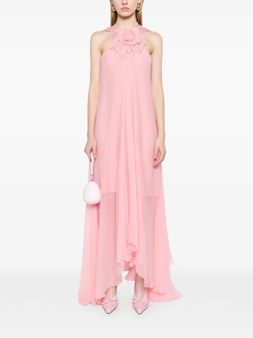 Floral-Appliqué Silk Maxi Dress
