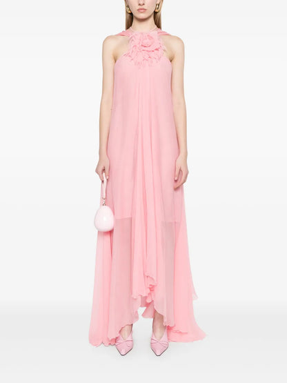 Floral-Appliqué Silk Maxi Dress