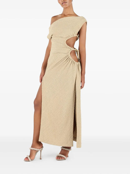 Asymmetric-Neck Midi Dress