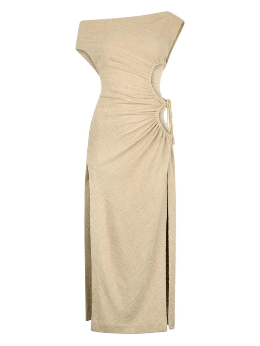 Asymmetric-Neck Midi Dress