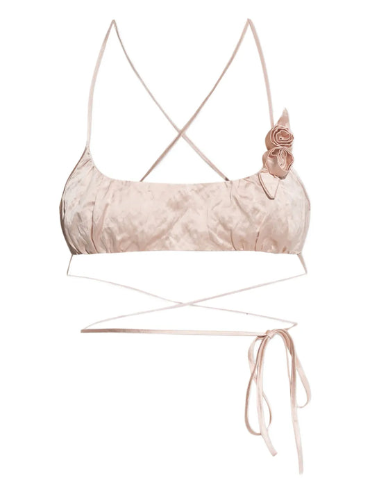Rose-Appliqué Crinkled-Satin Top