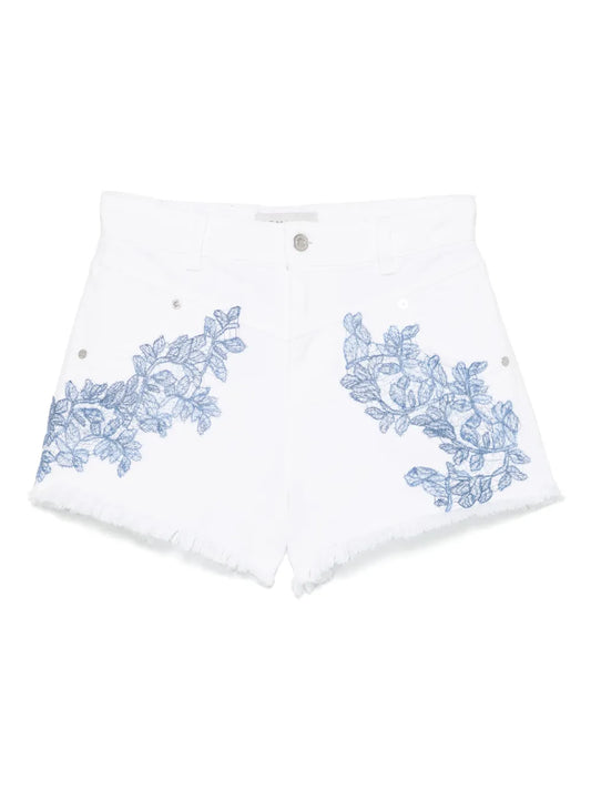 Lace-Appliqué Denim Shorts