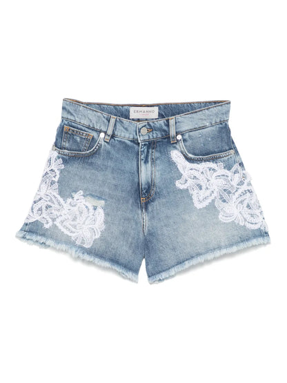 Lace-Appliqué Denim Shorts