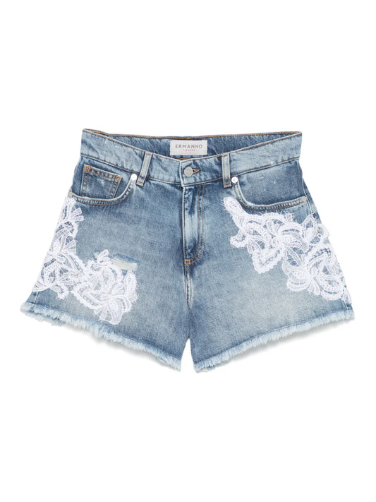 Lace-Appliqué Denim Shorts