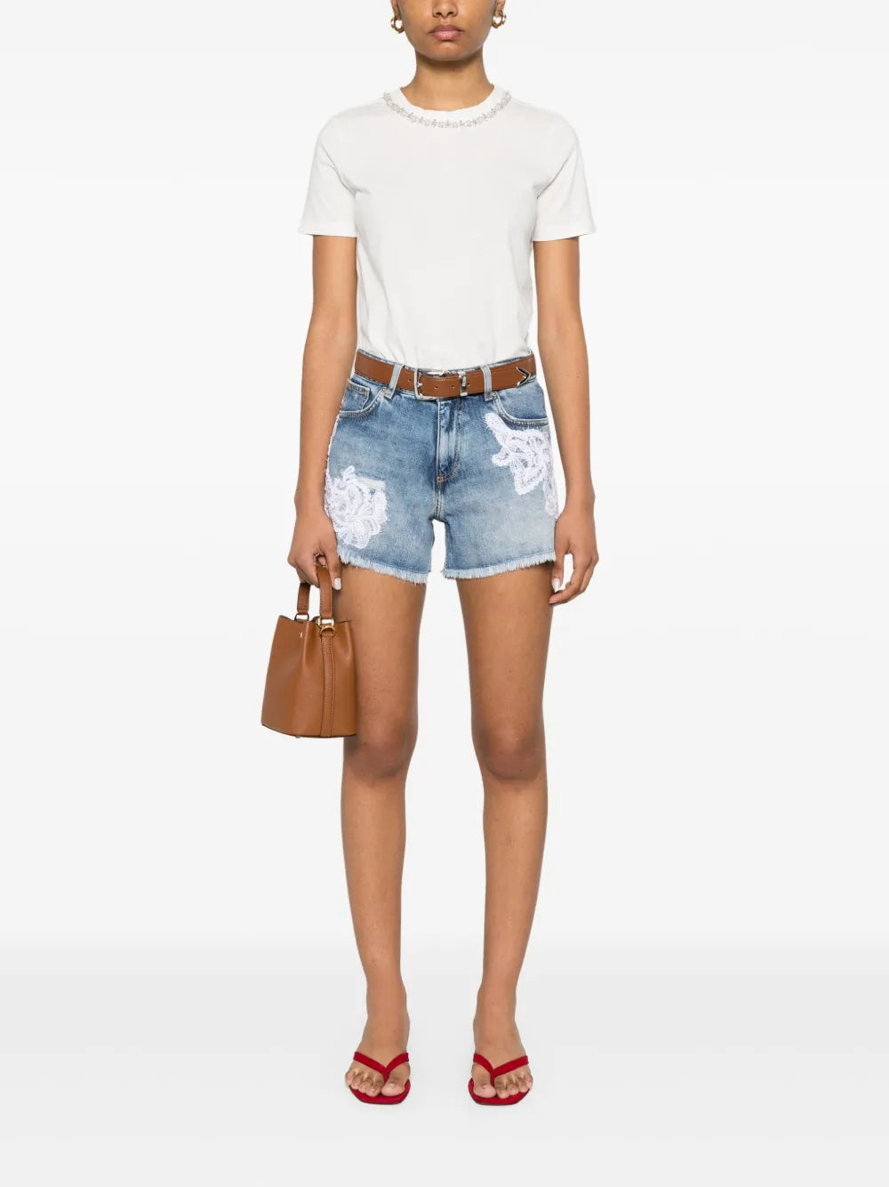 Lace-Appliqué Denim Shorts