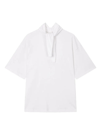 Pussy Bow-Collar Short-Sleeve Top