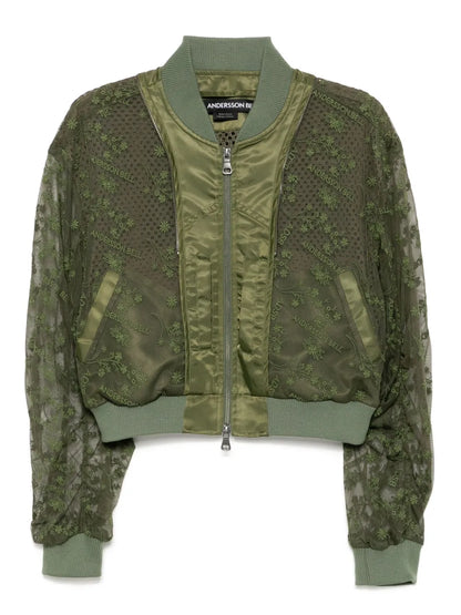 Double Layered Logo Lace Short Bomber Jacket