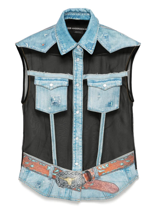 Denim-Printed Sleeveless Shirt