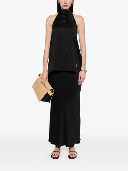 Attached-Scarf Satin Top