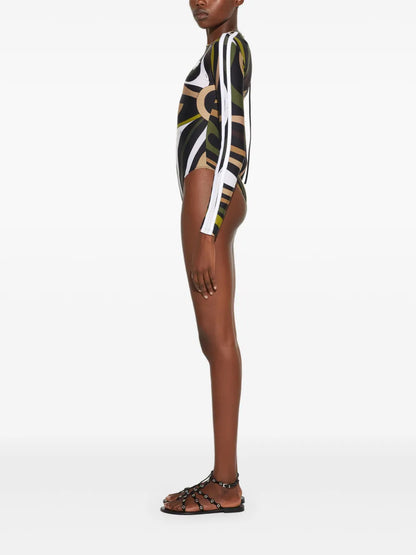 Marmo-Print Long-Sleeve Swimsuit