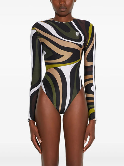 Marmo-Print Long-Sleeve Swimsuit