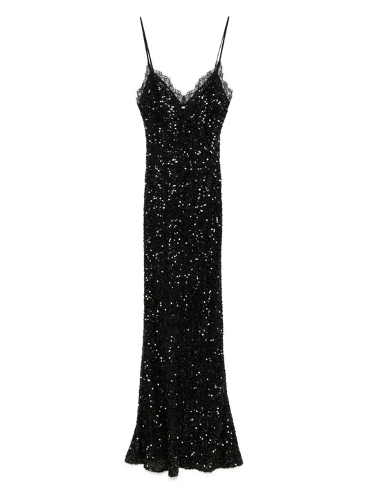 Lace-Trim Sequinned Maxi Dress
