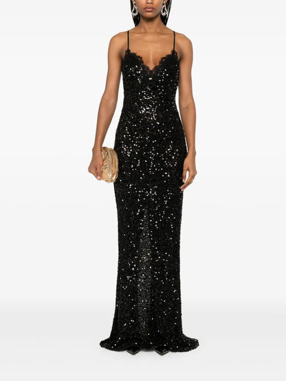 Lace-Trim Sequinned Maxi Dress