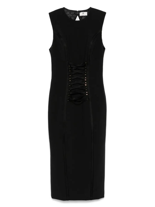 Crossover-Lace Crepe Midi Dress
