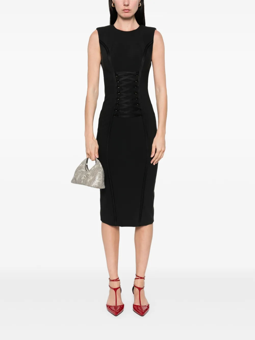 Crossover-Lace Crepe Midi Dress