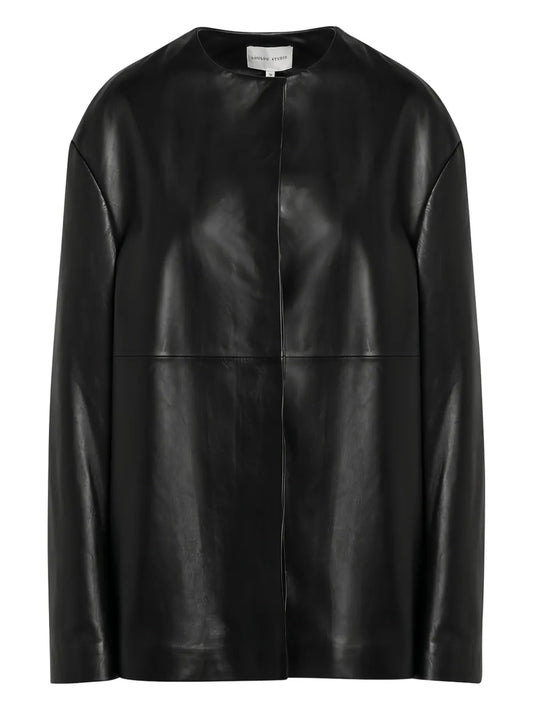 Crew-Neck Leather Coat