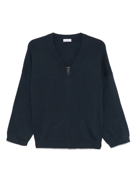 Monili-Detail Ribbed Sweater