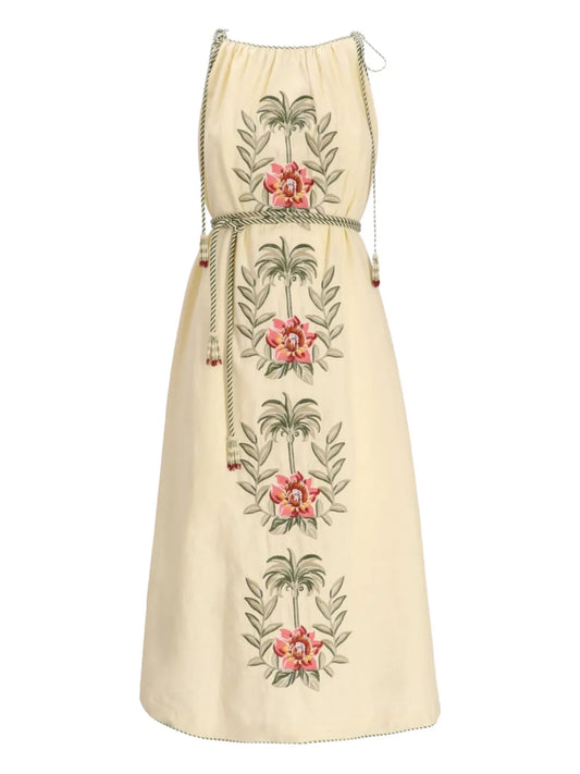 Sand Tropical Flower Embroidered Midi Dress