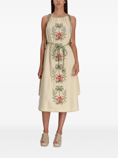 Sand Tropical Flower Embroidered Midi Dress