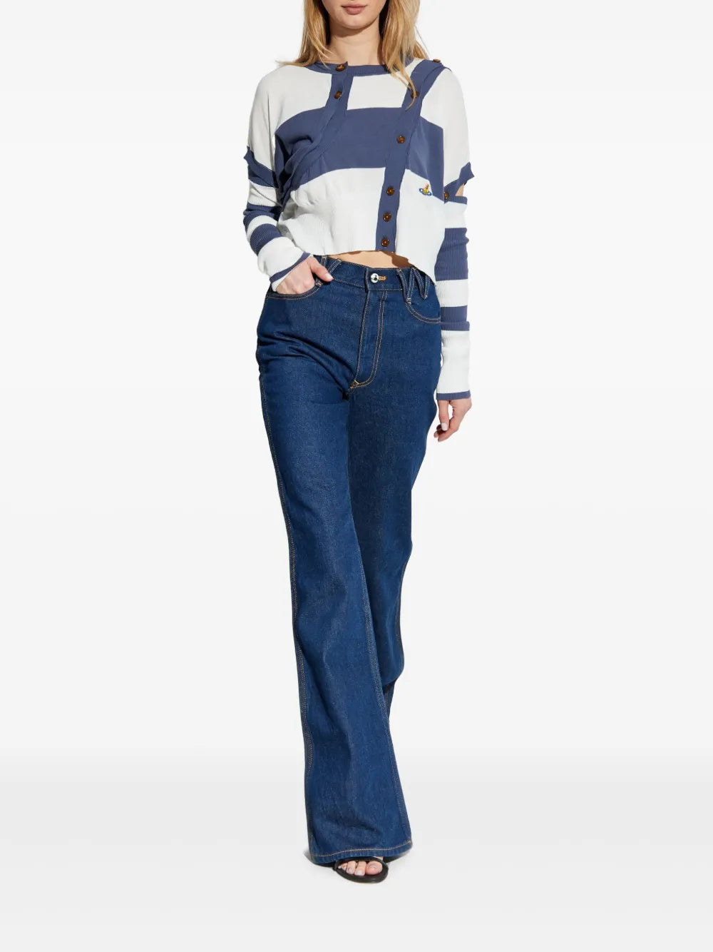 Striped Button-Detail Cropped Cardigan