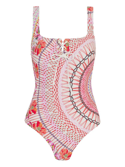 Pomegranate Lace-Up Floral Swimsuit