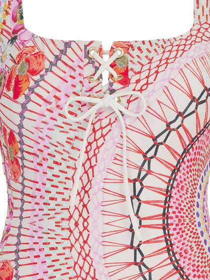 Pomegranate Lace-Up Floral Swimsuit
