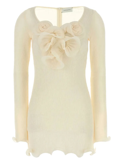 Flower-Embellished Long-Sleeve Mini Dress
